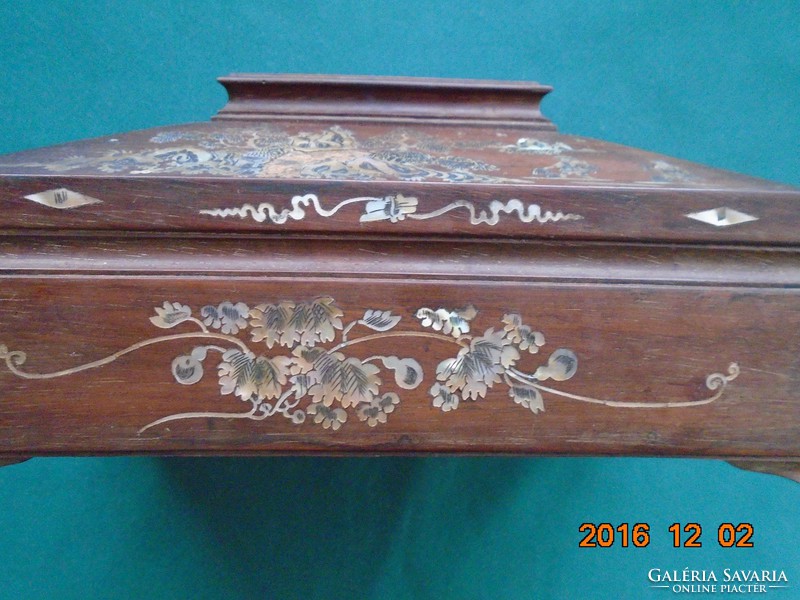 Vietnamese mother-of-pearl inlay figural landscape marked rosewood jewelry box