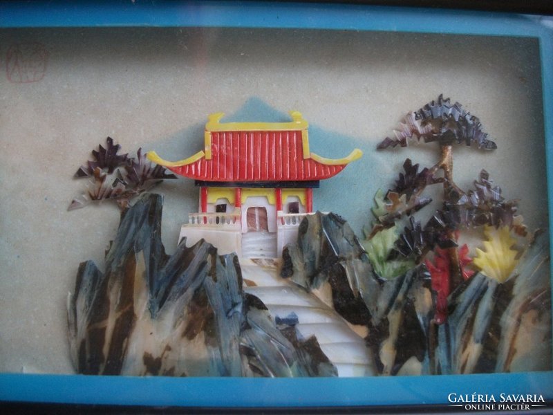 Pagoda on the rocky hilltop landscape with colorful mother of pearl and coral, signed by its maker