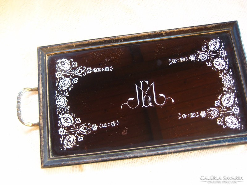 Antique tray, monogrammed, 34 x 20 cm pattern, fine handmade pattern