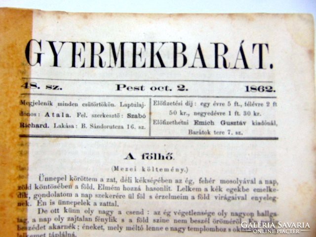 Régi újság Gyermekbarát 1862 október 2