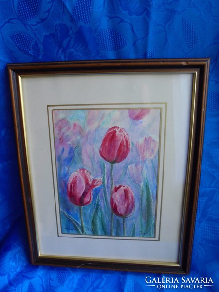 Jelzett tulipános akvarell: Farkas Gyöngyi