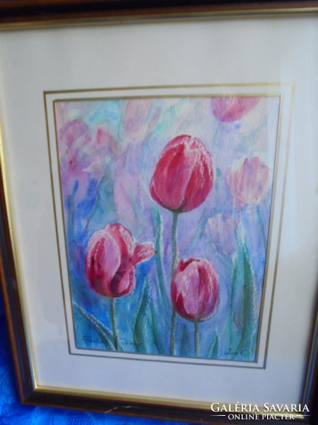 Jelzett tulipános akvarell: Farkas Gyöngyi