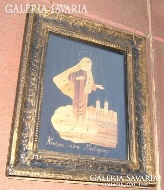 Virgin Mary above the city, signed antique marquetry work