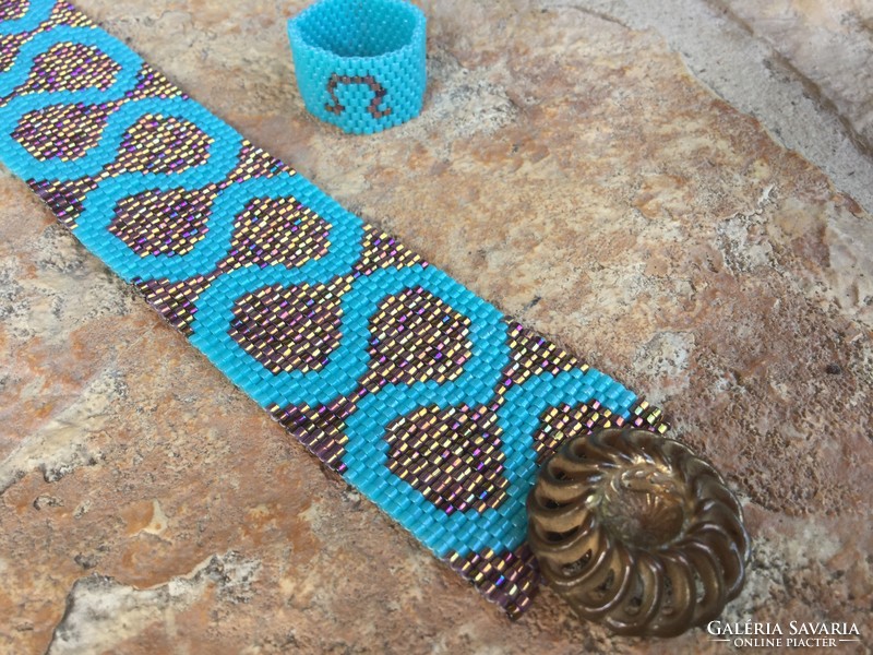 Türkiz bronz gyöngy ékszer szett: karkötő és gyűrű Peyote antik bronz gomb
