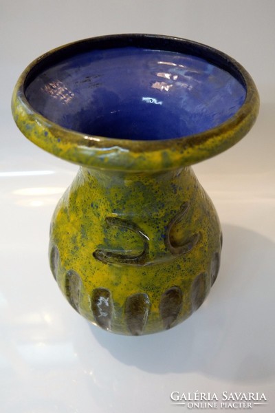 Retro green-blue ceramic vase - applied art object, around 1970 - 01800