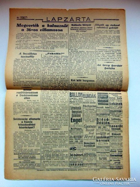 RÉGI ÚJSÁG 8 Órai Újság	1943	október	30