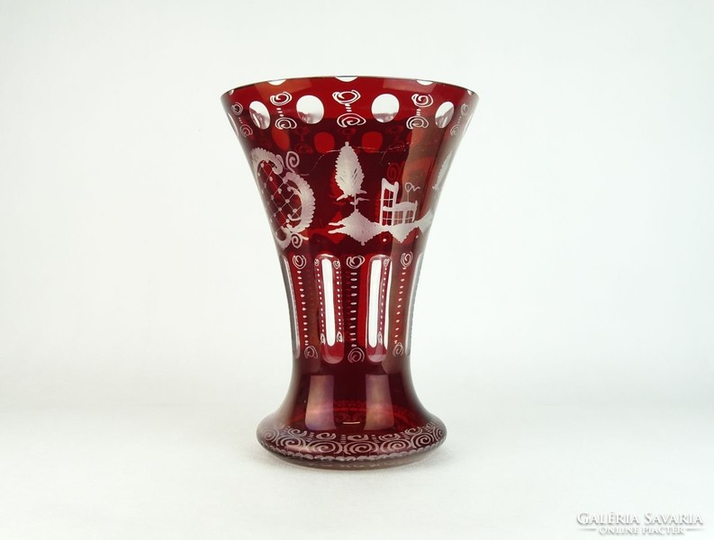 0D931 Nagy méretű fecskés bordó üveg váza 30 cm