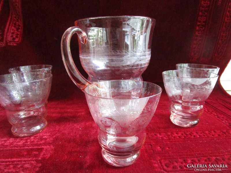 Art deco deco pink engraved patterned glass + jug, set of 6 vintage nostalgia