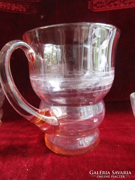 Art deco deco pink engraved patterned glass + jug, set of 6 vintage nostalgia