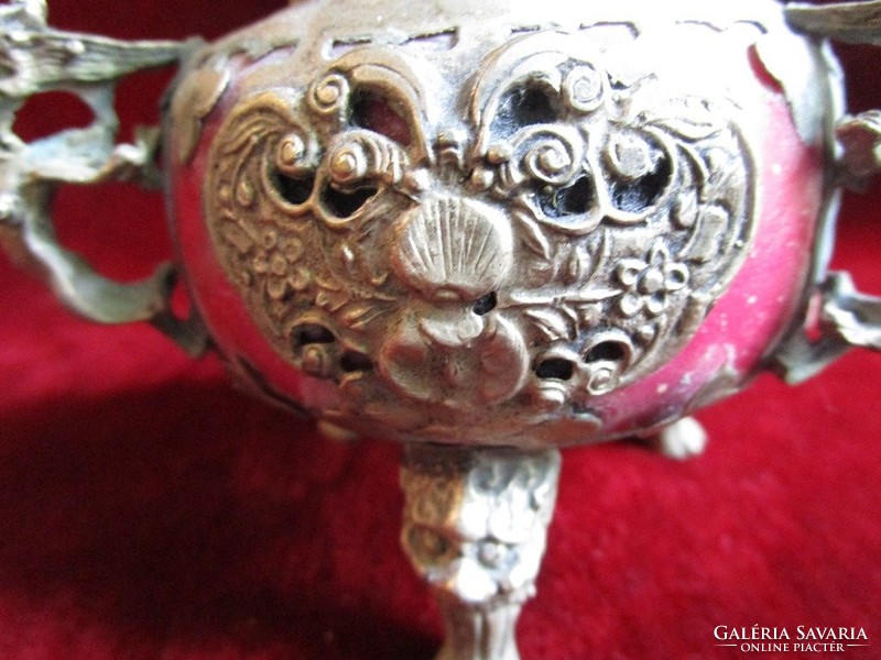 Very old Chinese china marked incense pink ceramic silver plated metal lion frog