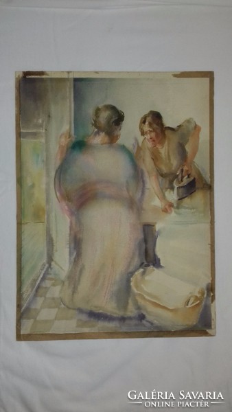 Rimanóczy Géza kétoldalas akvarell festmény Virágcsendélet + Mosónők 1946