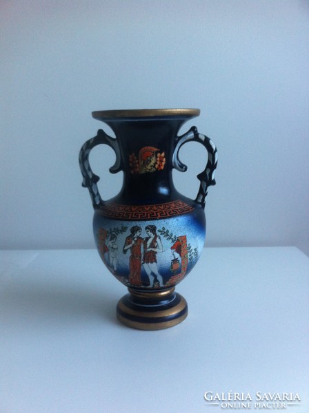 Görög, kézzel festett, jelenetes, jelzett két fülű váza