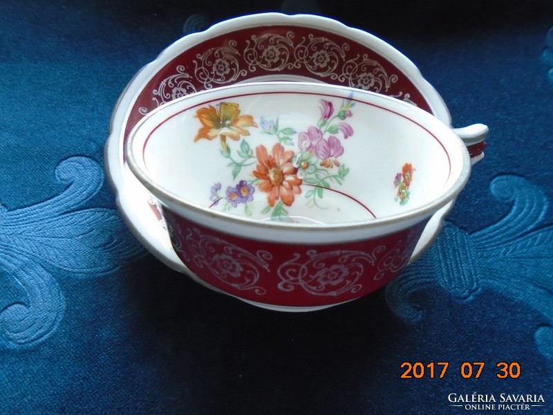 Carl Knoll Karlsbad egyedi Kézzel festett látványos Meisseni virág mintákkal teás csésze alátéttel