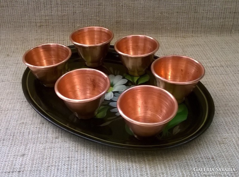 Retro enamel hand-painted tray with 6-piece red copper cup