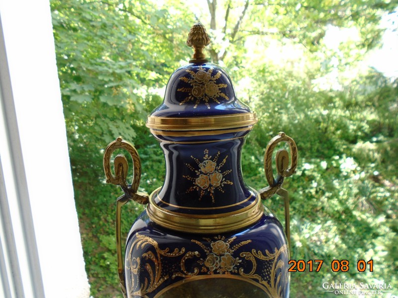 Gilded bronze cobalt blue urn vase with sevres empire genre scene 50 cm