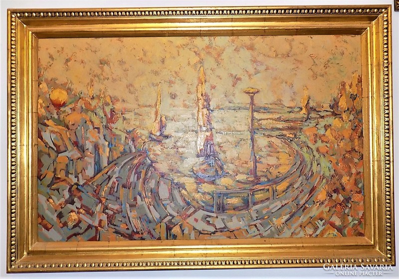 Huge 187x127cm !!! Oil painting Balaton harbor 80s - see sign with original guarantee