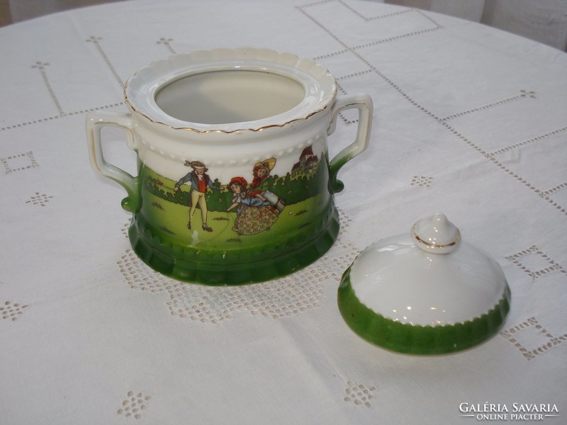 Old, partly hand-painted, oval sugar bowl (children playing in the castle park)