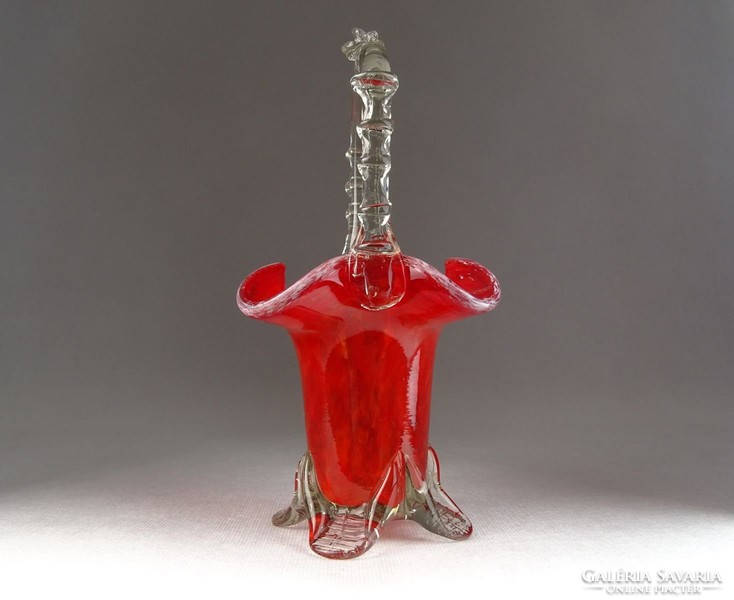0N019 Régi muránói jellegű piros üveg kosár 22 cm