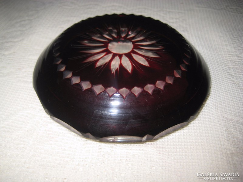 Old polished glass bowl, ashtray, burgundy 10 x 2.5 cm