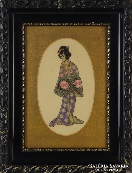 0O324 Régi japán gésa selyemkép 38 x 29 cm