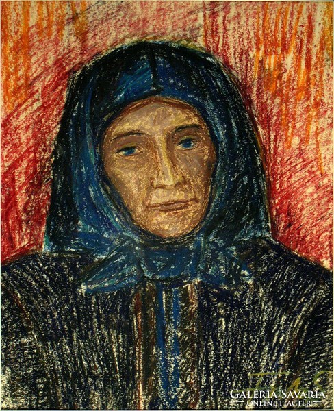 Fontos Sándor : Kékkendős asszonyportré