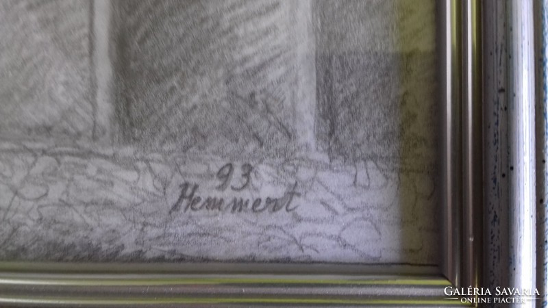 Drawing by János Hemmert behind framed glass