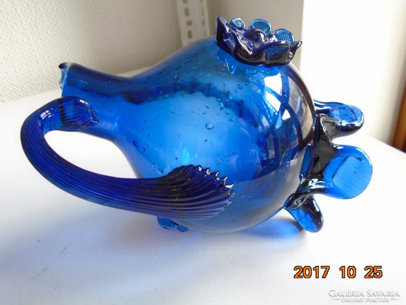 Murano indigo blue floral, footed, crested ornament jug 18 cm