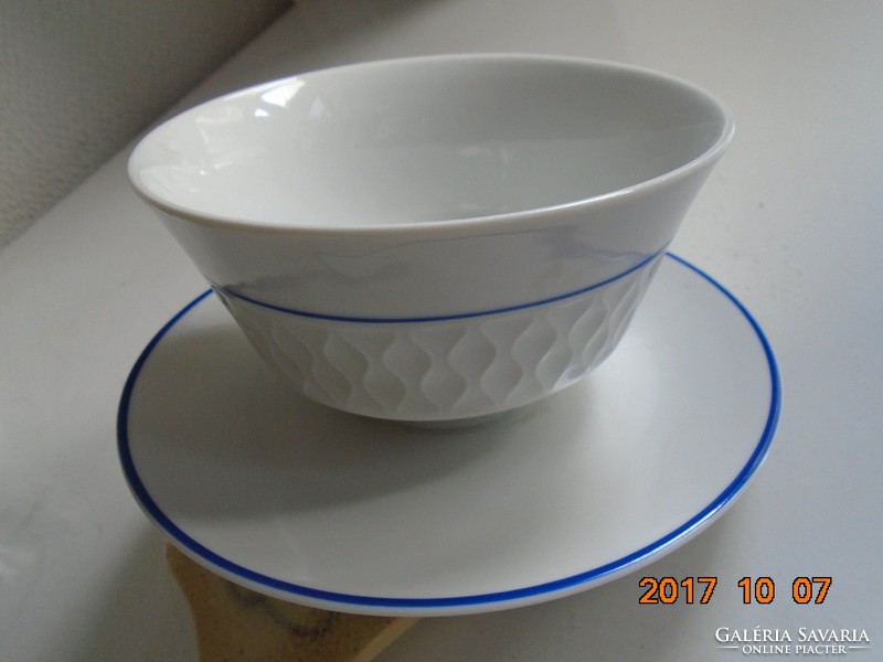 Mid century novelty grid relief pattern, cobalt blue striped sauce bowl with plate