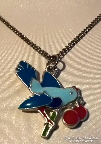 Silver-plated necklace with fire enamel pendant with cherry in bird's mouth