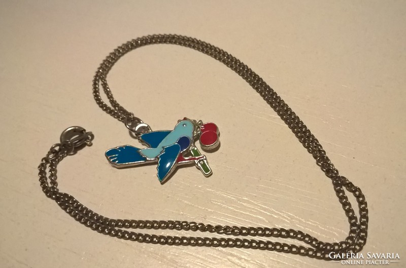 Silver-plated necklace with fire enamel pendant with cherry in bird's mouth