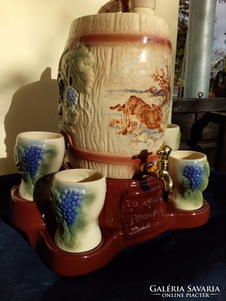 Antique majolica hand painted tap barrel with 6 cups, in vinoveritas inscription on base