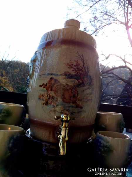 Antique majolica hand painted tap barrel with 6 cups, in vinoveritas inscription on base