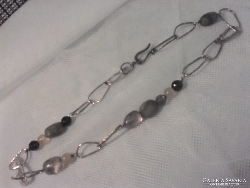 Silver necklace (neck blue) with smoke quartz, crystal and green jade.