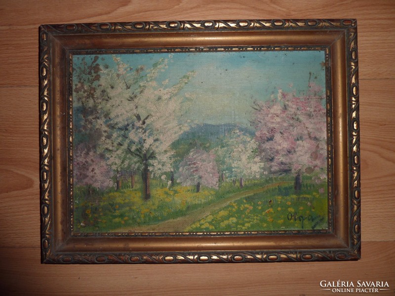 Olga jelzéssel: Domboldal virágzó fákkal, régi olaj-vászon
