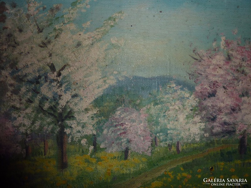 Olga jelzéssel: Domboldal virágzó fákkal, régi olaj-vászon