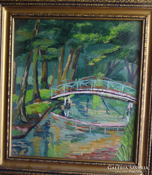 45x49cm - 34x37cm / Festmény üvegezve keretben Híd patakkal / régiség