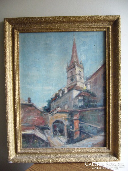 44x56cm / 34x46cm Utca templommal régi olajfestmény szignozott