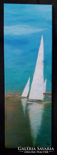 Voyage à deux ... - Sailboats at Sea 20x60 cm painting blue sea