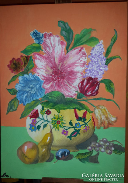 Still life, size: 50cmx70cm, tempera picture painted on canvas,