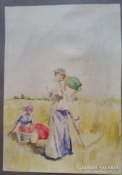 Field workers tempera image, size: 21.5cmx15cm,