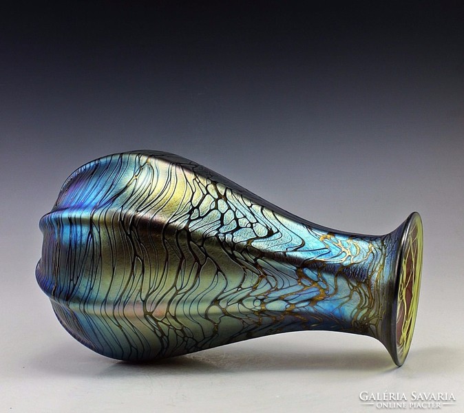 Art Nouveau, blown iridescent glass vase with a wonderful oriental design, 28 cm
