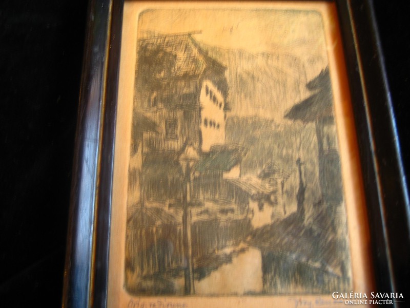 Graphics from the middle of the 1800s, with an Alpine landscape, 11 x 15 cm + frame, signed