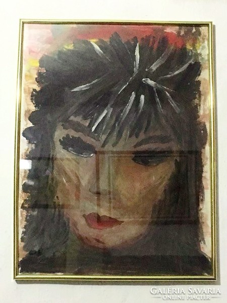 Fiatal nő portréja, eredeti akvarellfestmény papíron, szignózott egyetlen példány üvegezett keretben