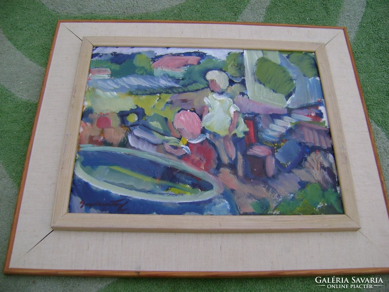 Csodálatos antik absztrakt festmény jelzés balra lent (lány a medencénél) 930-kb