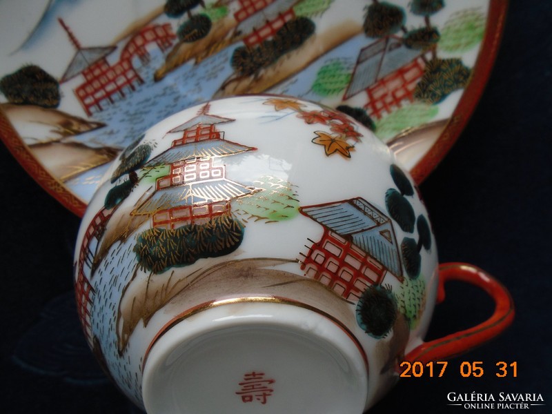Kutani kézzel festett aranykontúrozott japán tojáshéj teás csésze alátéttel