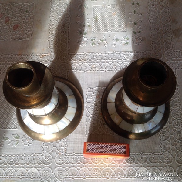 Pair of mother-of-pearl copper candle holders