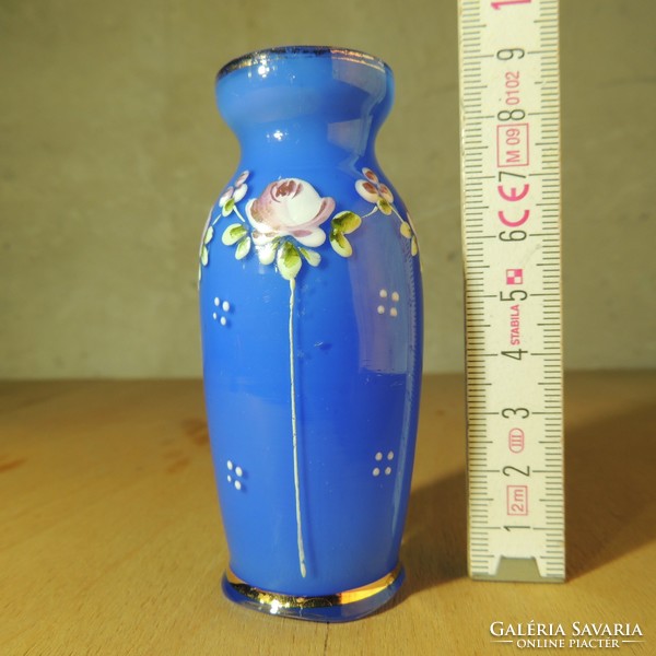 Small, blue, painted floral pattern, glass vase