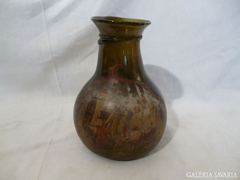 1203 A5 Antik festett szakított címeres üveg váza