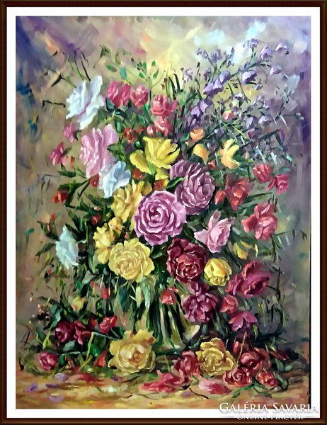 Dazzling marked flower still life - oil, 61 x 46 (no print, real oil painting)