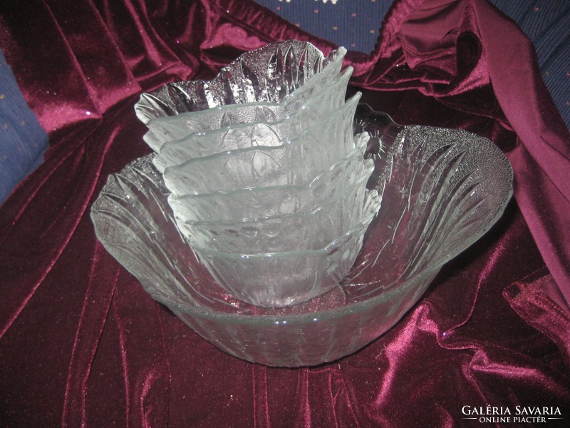 Glass dessert set from the 70s, bowl 23 cm, trays 13 cm